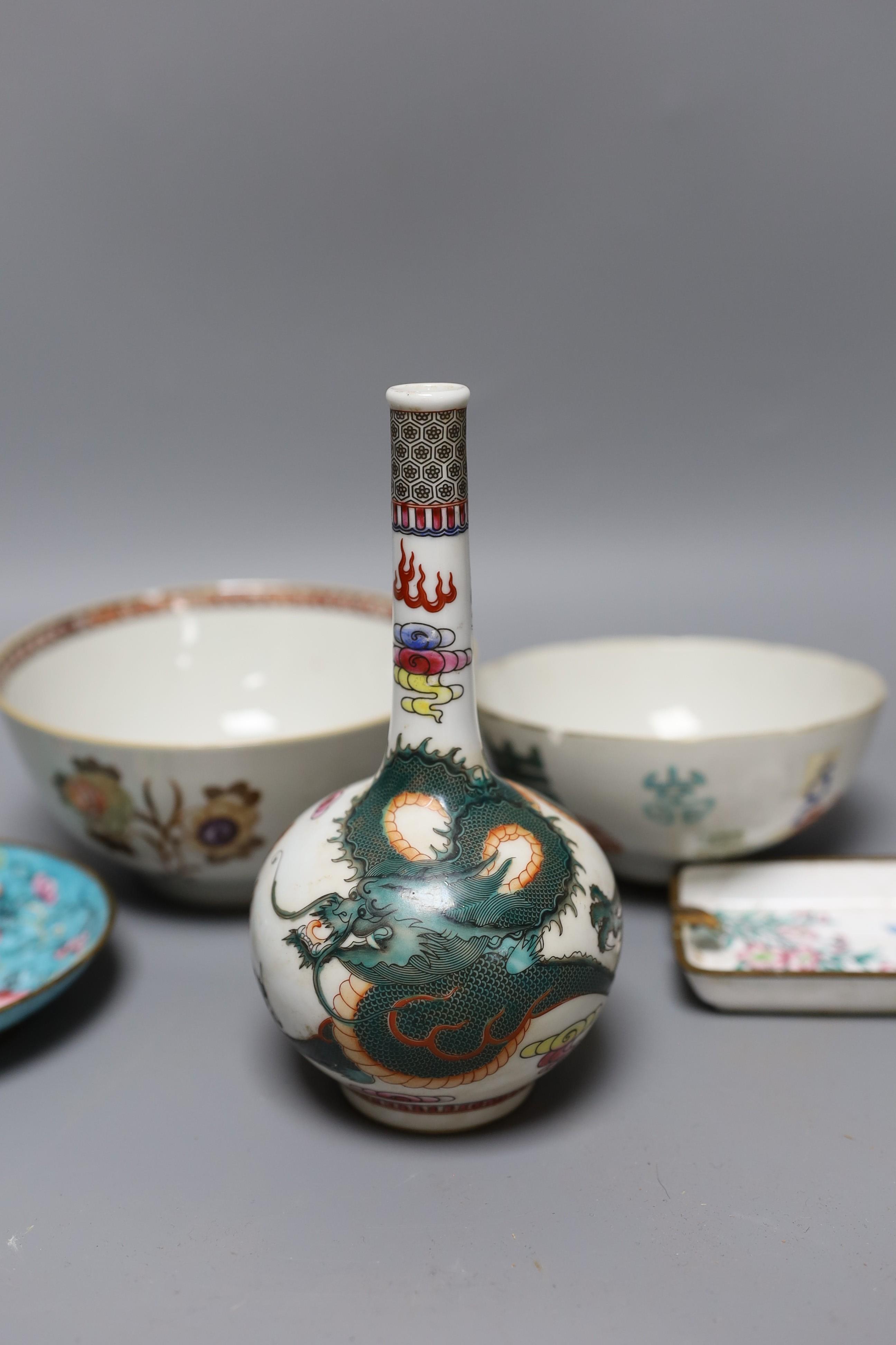 Two Chinese enamelled porcelain bowls and two vases and two Canton enamel dishes, 18th century and later, tallest 16 cm